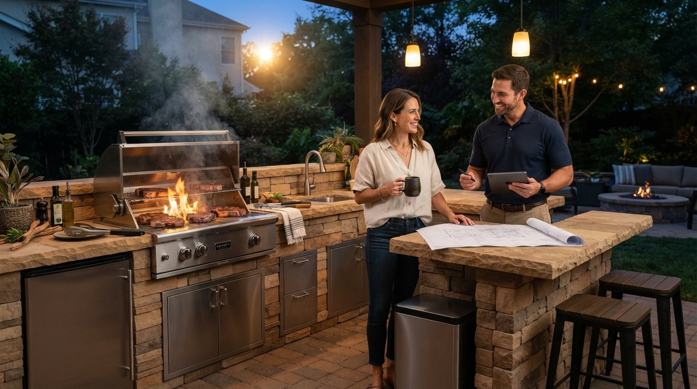 Contractor and homeowner reviewing a blueprint beside a stainless steel outdoor kitchen with a lit gas grill and stone…