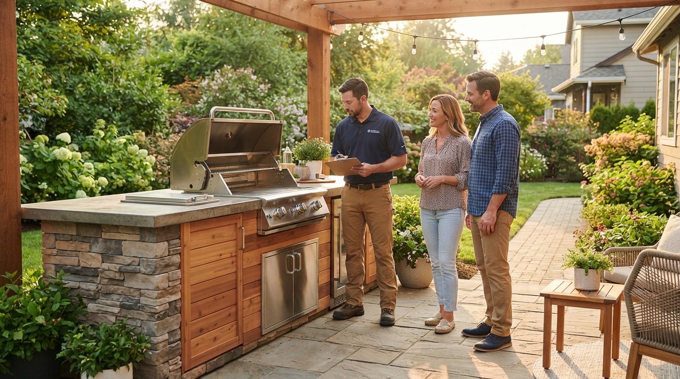 Contractor with clipboard inspecting a stainless steel grill in a stone-veneer outdoor kitchen as a couple reviews the…