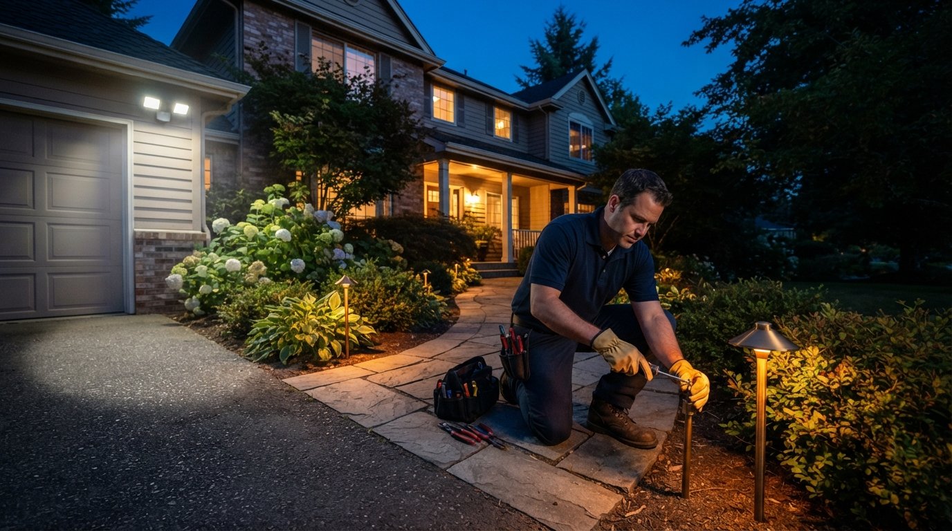 Electrician in navy polo kneeling beside a glowing brass path light, tightening it with a screwdriver on a stone walkway at…