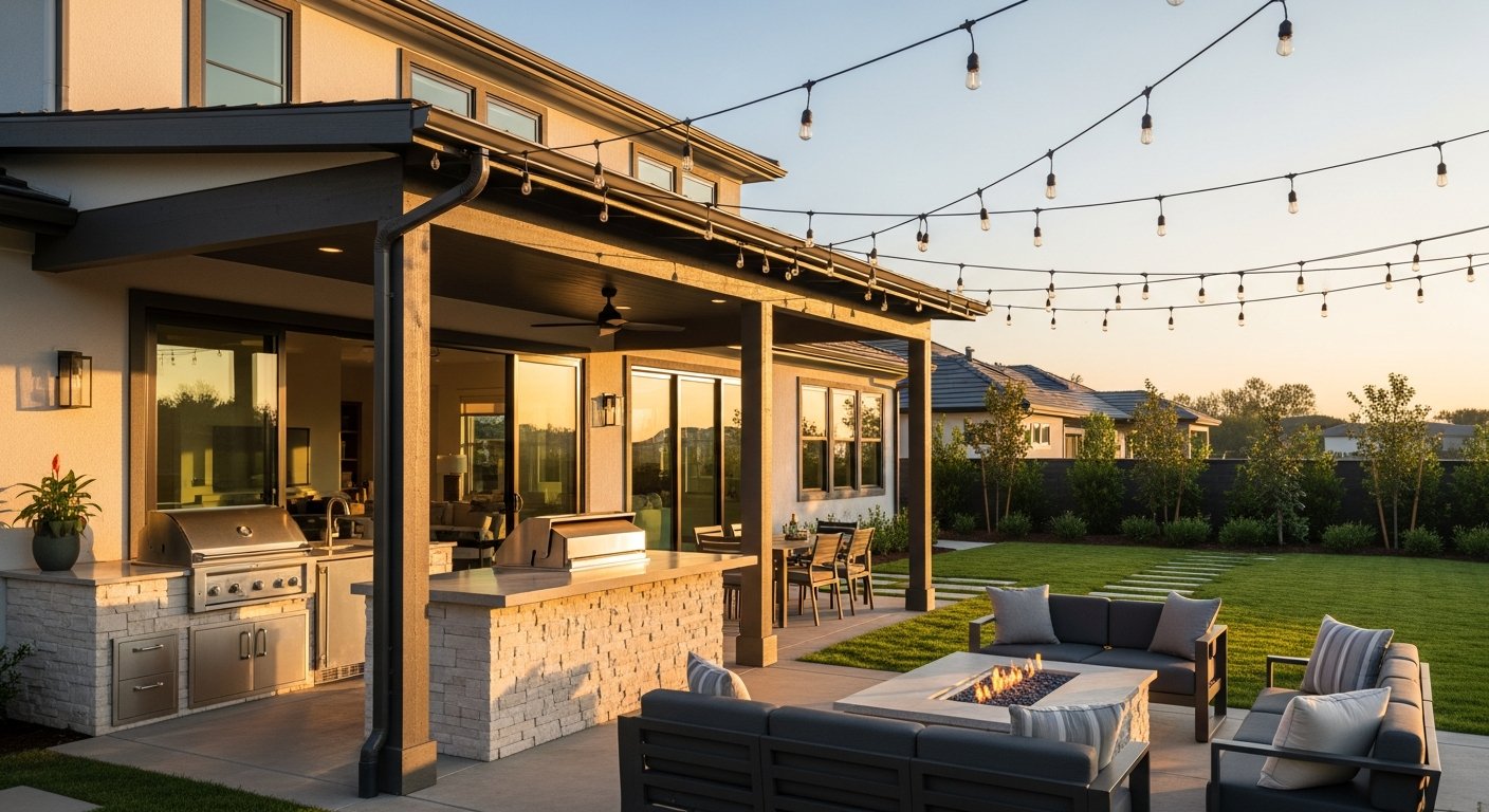 Covered patio with outdoor kitchen and stone fire pit lounge at golden hour, contractor with tablet nearby
