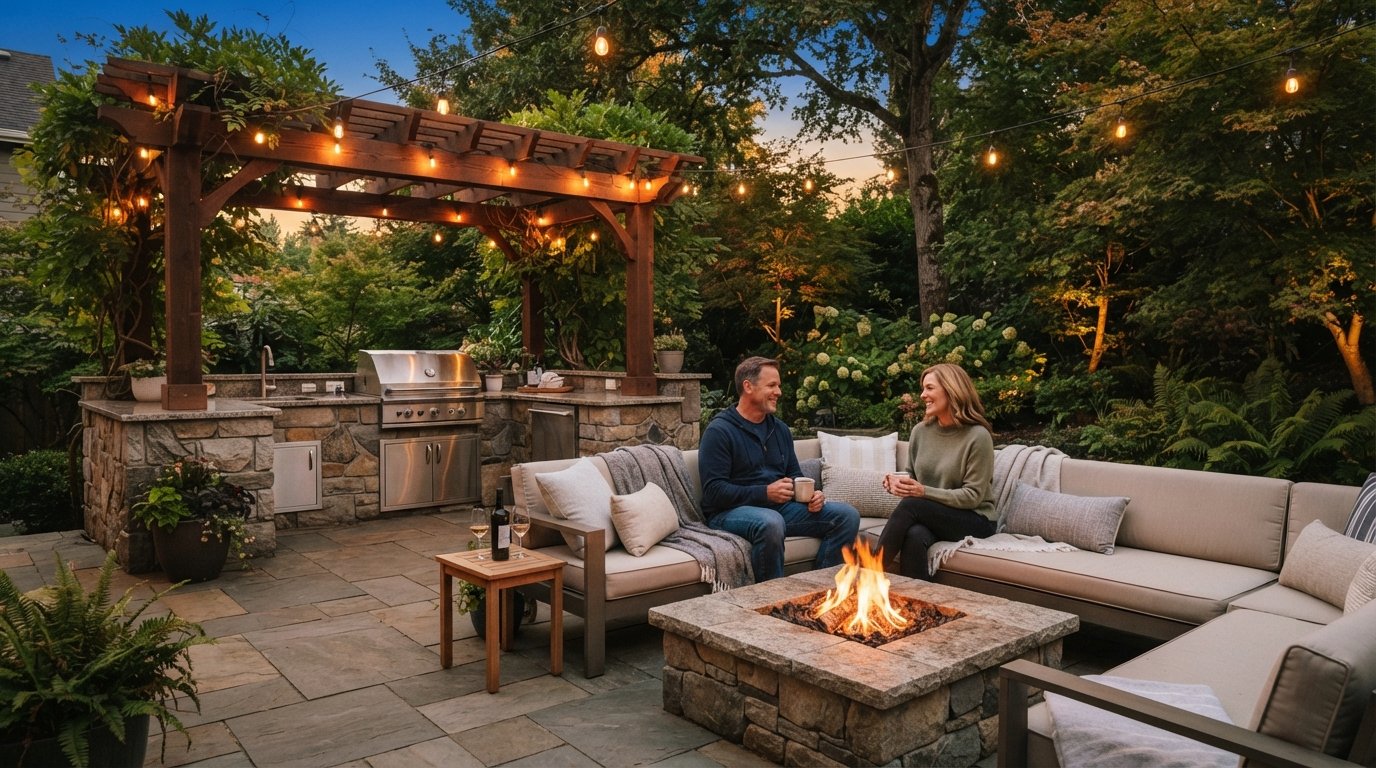 Couple relaxing on a modern outdoor sofa beside a fire pit on a spacious stone patio with an outdoor kitchen and string…