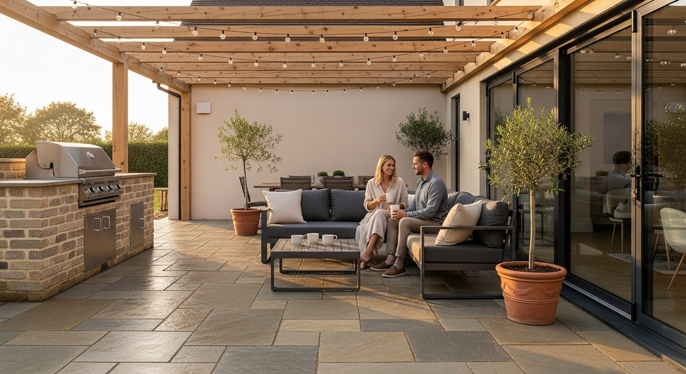 Couple seated on a sectional sofa on a stone patio with an outdoor kitchen and wooden pergola at sunset