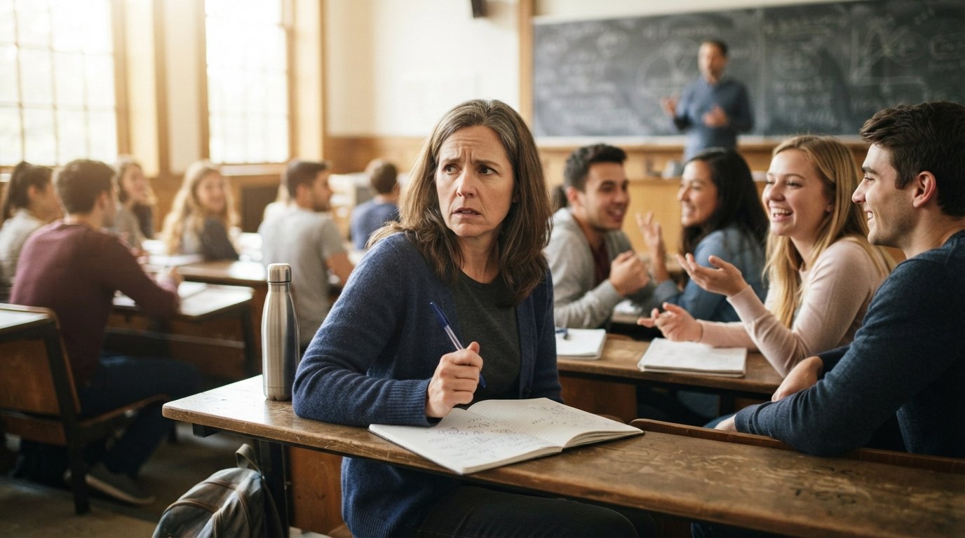 Mid-40s student with furrowed brow holding a pen over an open notebook in a lecture hall while younger classmates talk nearby