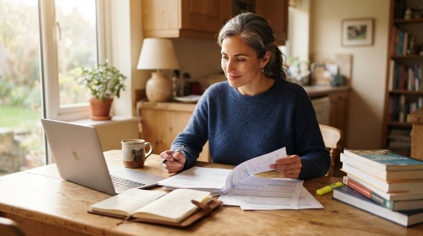 Woman in her forties with graying temples sits at a sunlit kitchen table with a laptop, notebook, coffee mug, and…