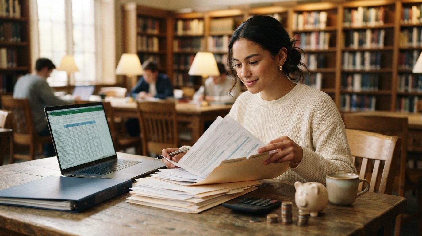 Student at a wooden desk sorting financial aid documents into labeled folders, with a laptop spreadsheet, calculator, piggy…