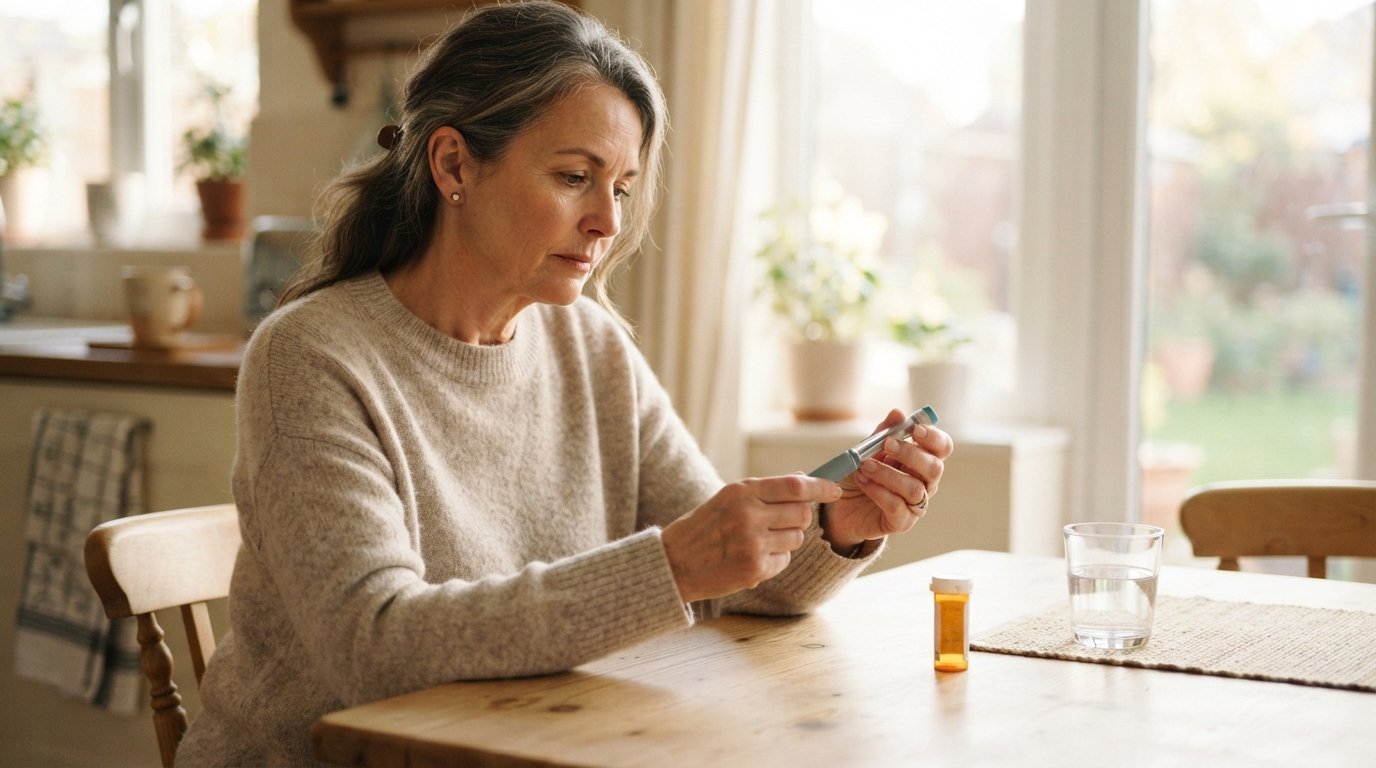 Concerned woman in a neutral sweater examines a small injectable medication pen at a sunlit kitchen table beside a…