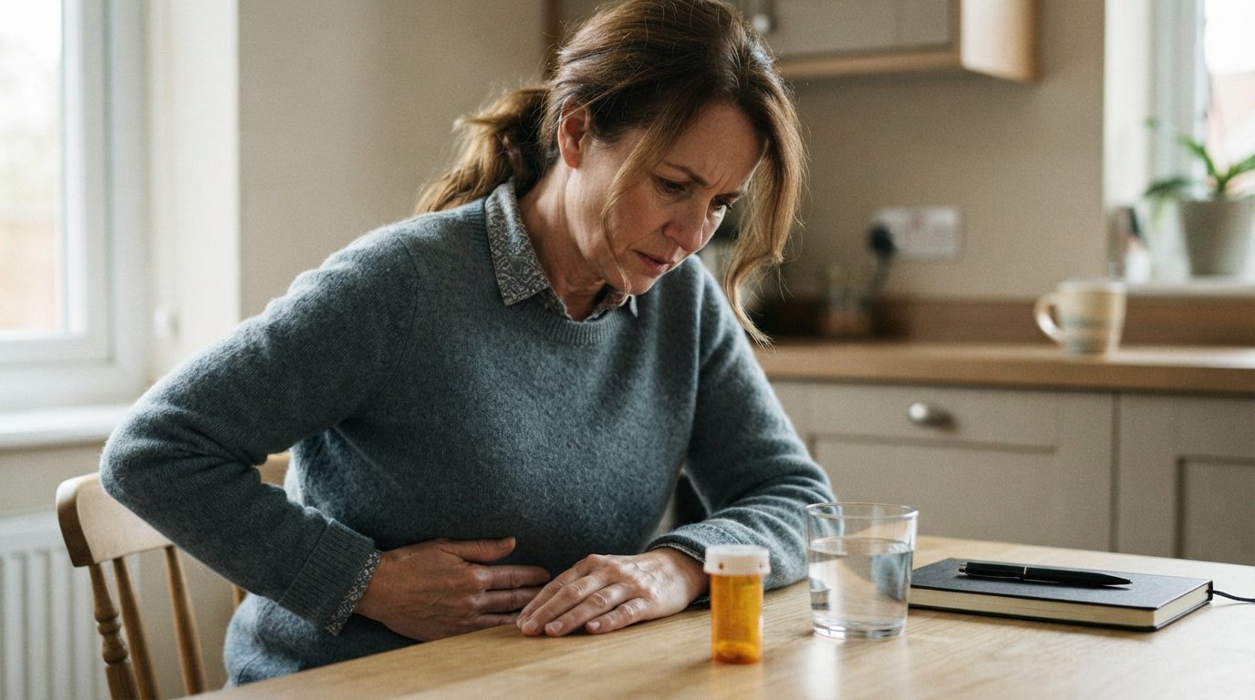 Middle-aged woman at a kitchen table pressing a hand to her stomach in discomfort, with a medication vial, glass of water,…