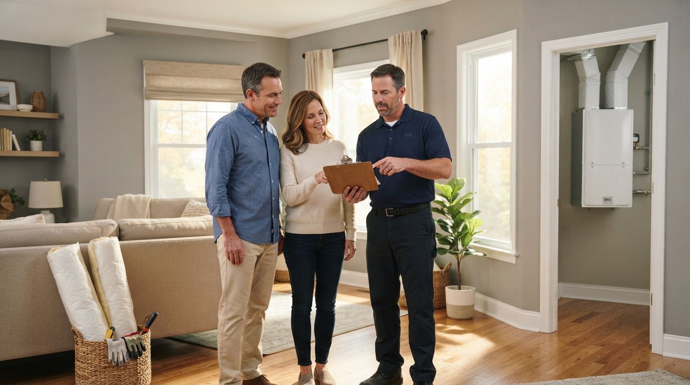 Couple reviewing a clipboard with a contractor pointing to a new energy-efficient window in a bright living room