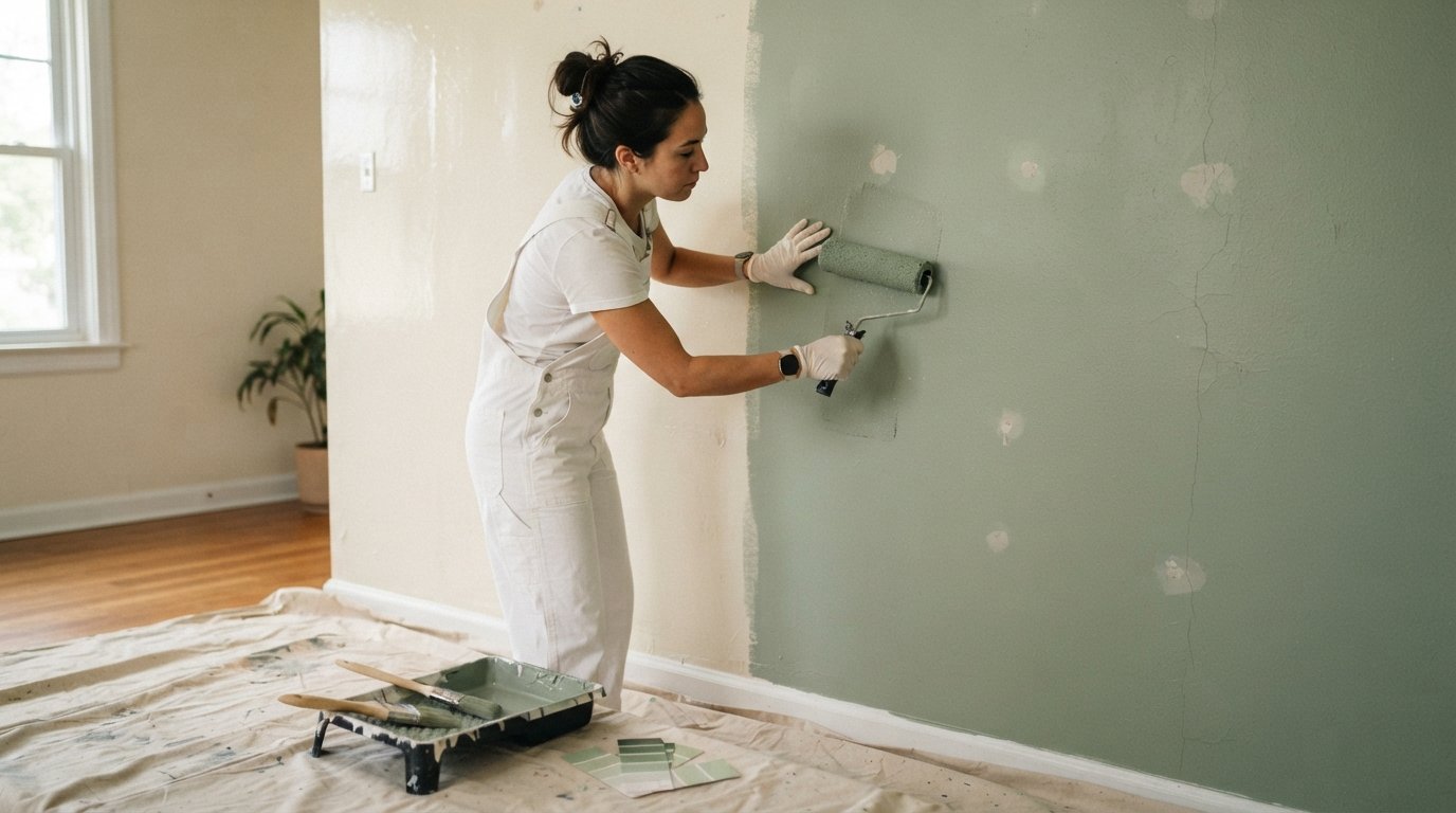 Painter in white overalls rolling matte sage-green paint over a patched wall with hairline cracks, half-painted section…