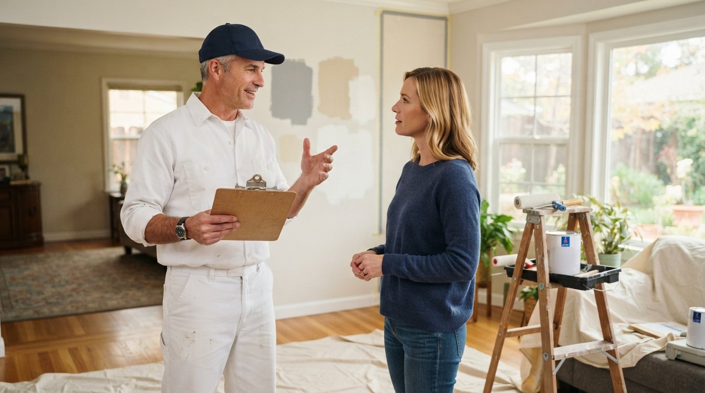 Painting contractor in white work clothes holding a clipboard and talking with a homeowner in a bright living room with…