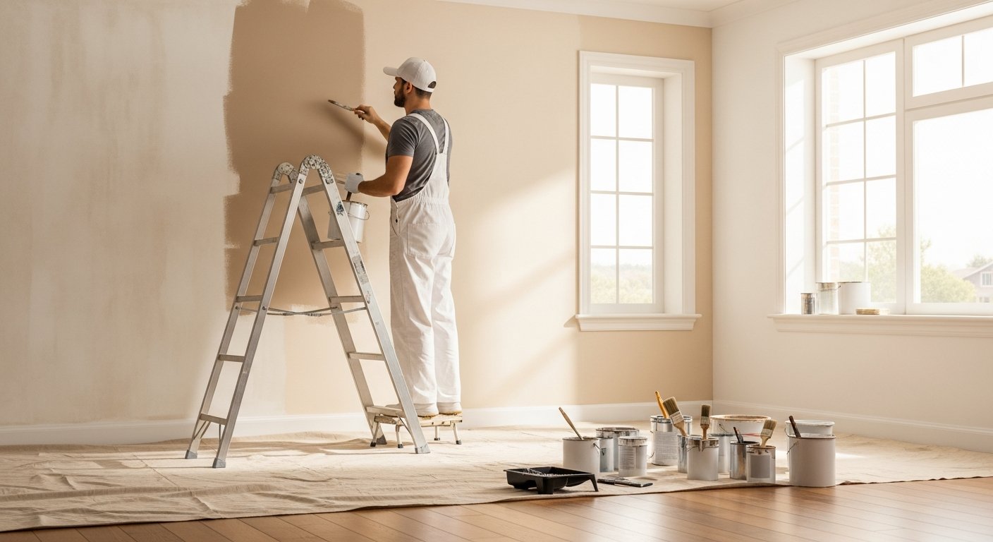 A painter in white overalls on a ladder rolls greige paint onto a living room wall beside a window