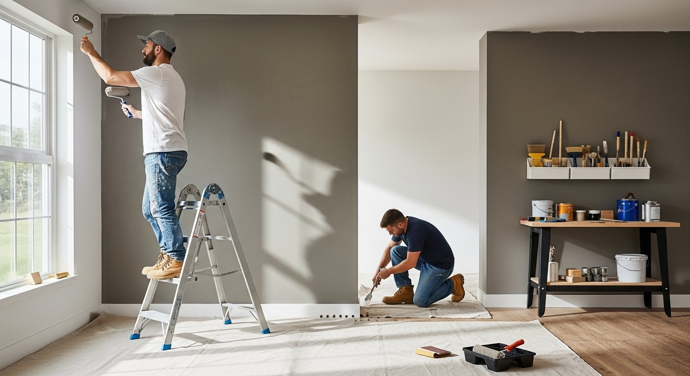 Painter on aluminum ladder rolling warm gray paint onto an interior wall while a second contractor preps baseboard in a…