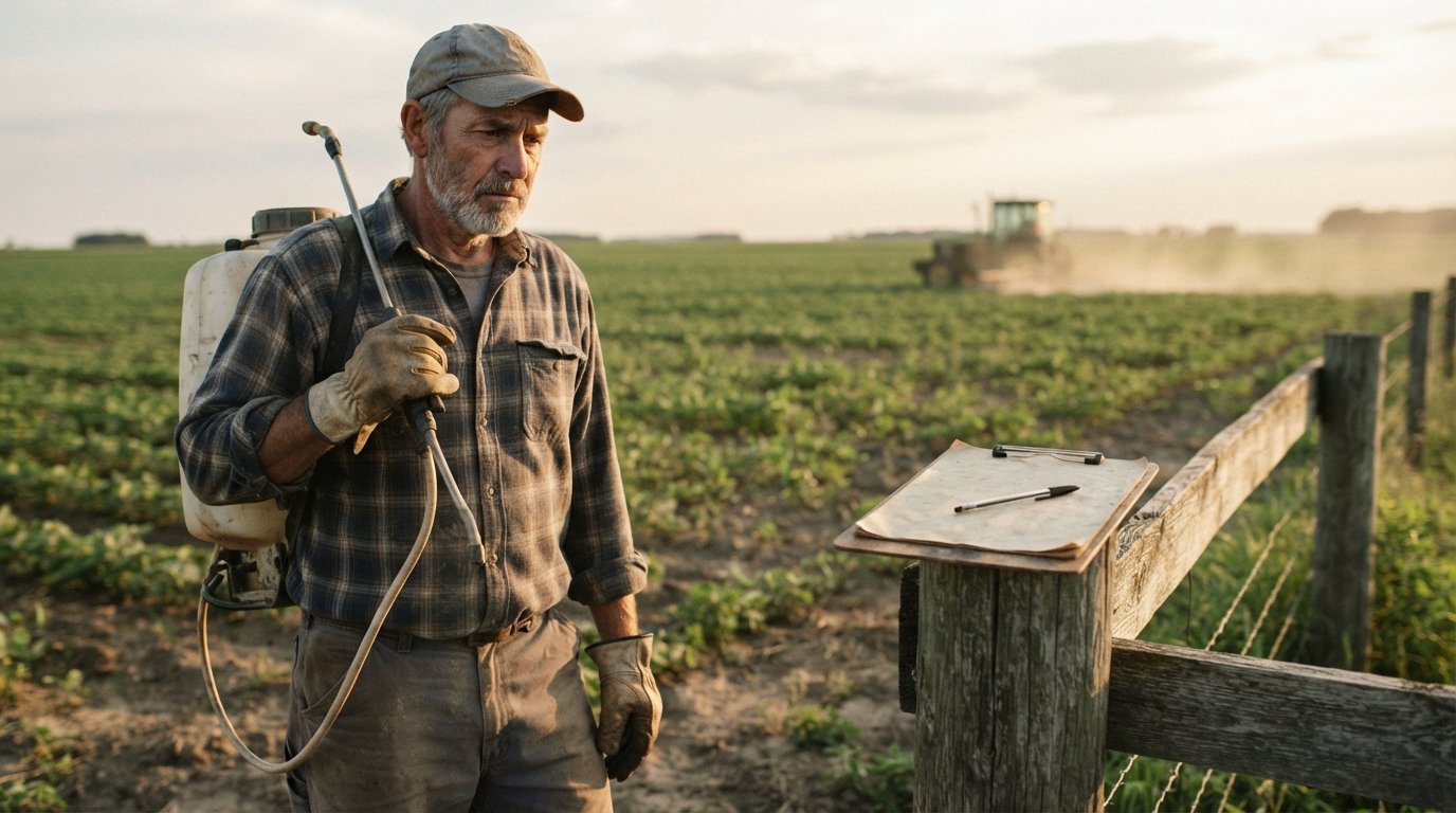 Weathered farmer in plaid shirt and work gloves holding a sprayer wand beside a crop field, with clipboard on a fence post