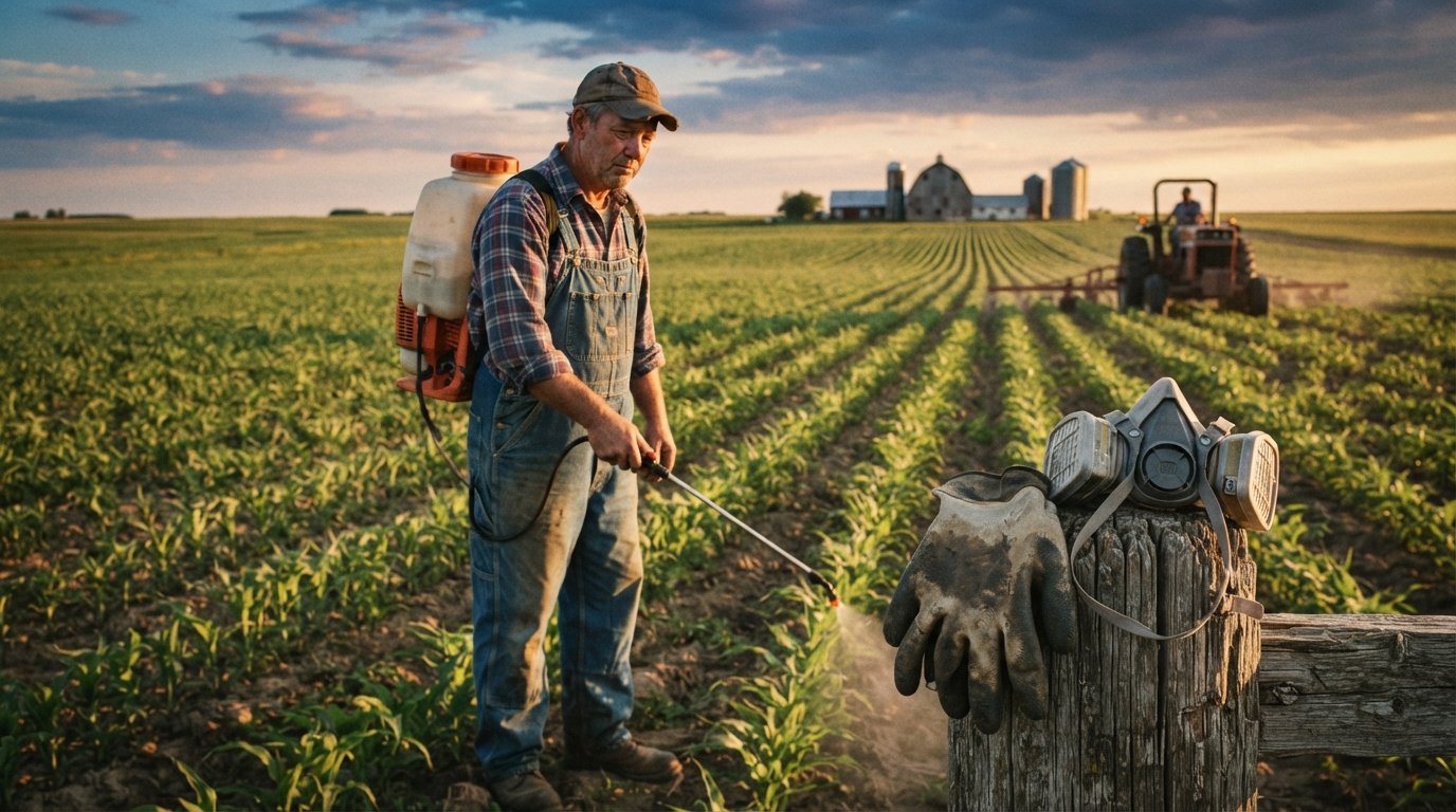 Weathered farmer in overalls spraying herbicide from a backpack sprayer in a sunlit field, with gloves and a respirator on…