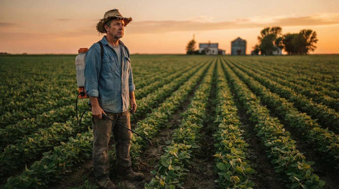 Farmer in denim shirt and straw hat holding a backpack herbicide sprayer at the edge of a soybean field, farmhouse and…