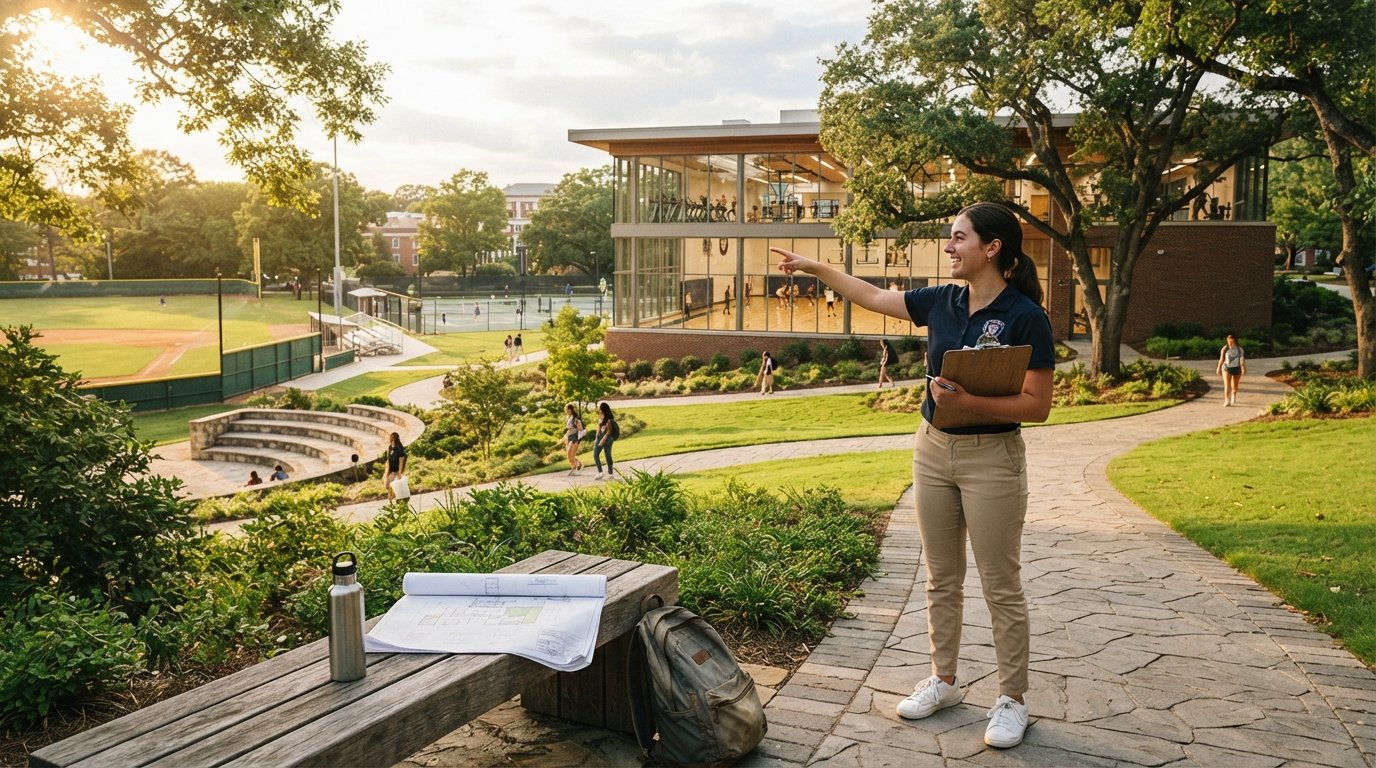 Student in navy polo with clipboard on a campus path, pointing toward a glass-walled recreation center with a basketball…