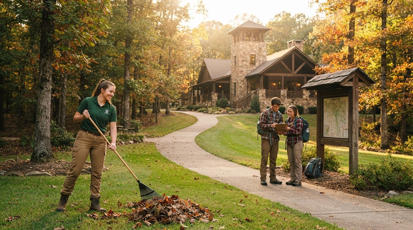 Sunlit campus path at College of the Ozarks leading to a stone-and-timber building; a student in a green polo rakes leaves…