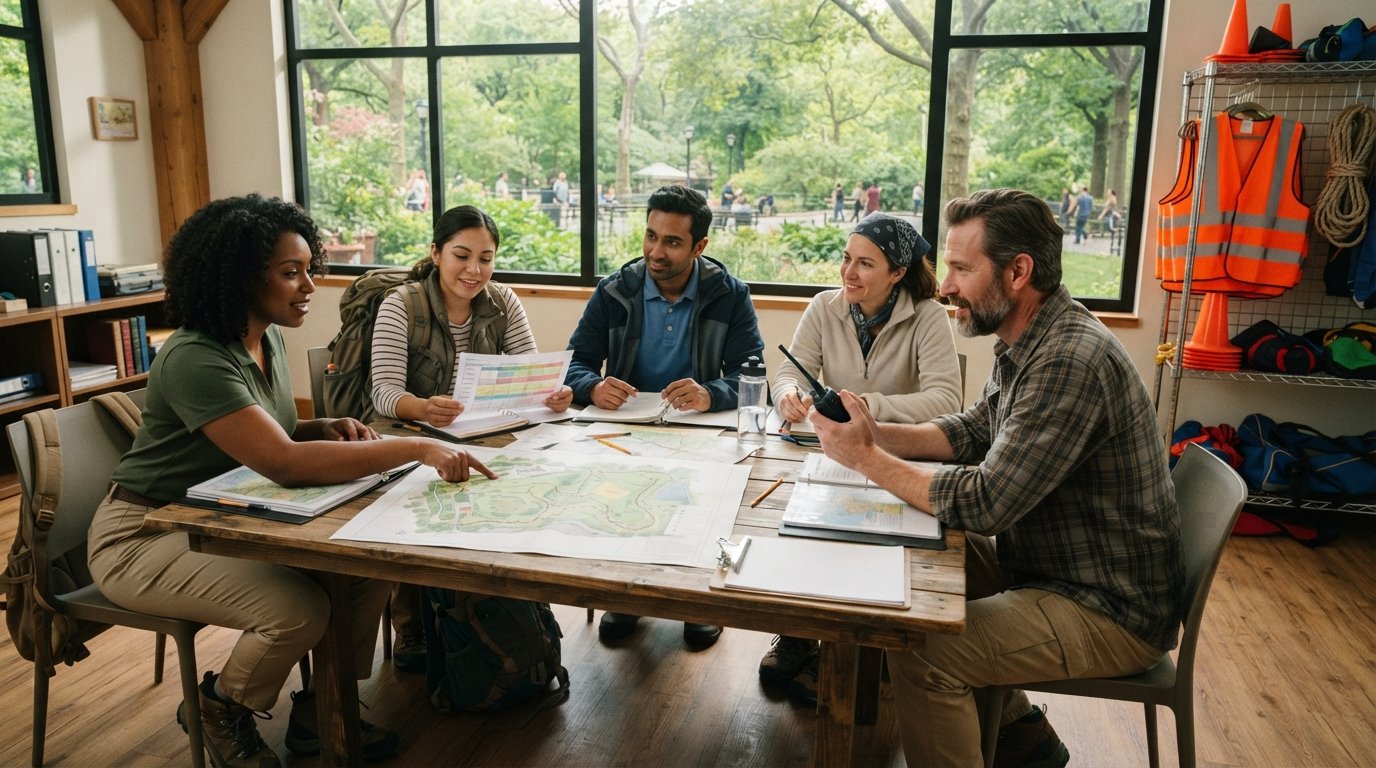 Students in casual outdoor attire review park maps and schedules around a wooden table in a sunlit community center.