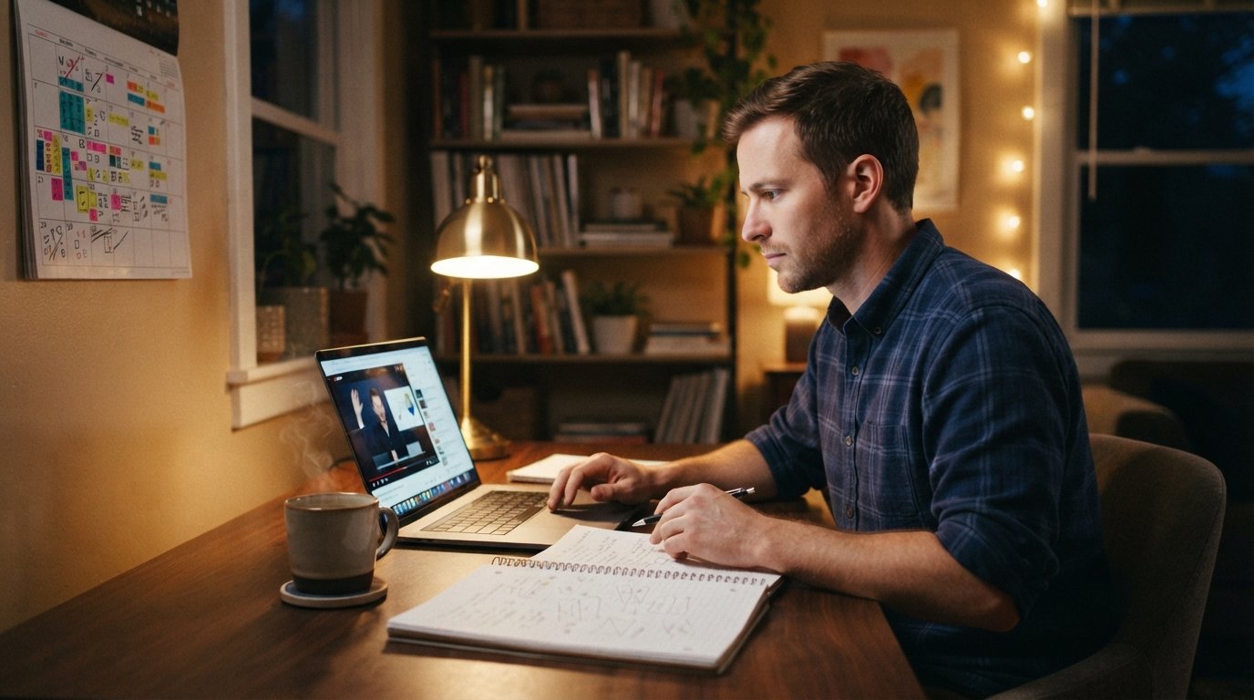 Adult learner in a button-down shirt studies at a wooden desk with a laptop showing a video lecture, notebook, coffee mug,…