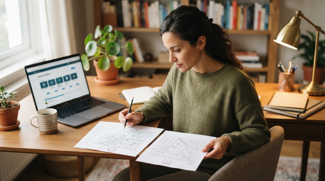 Adult student at a home desk comparing two paper course schedules beside a laptop showing an online course dashboard