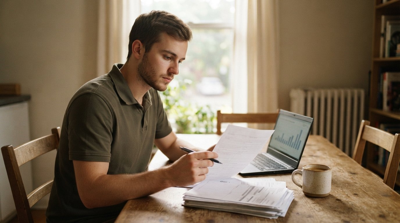 Young adult in a polo shirt reviewing a loan application at a kitchen table with pay stubs, a laptop, a pen, and a coffee…