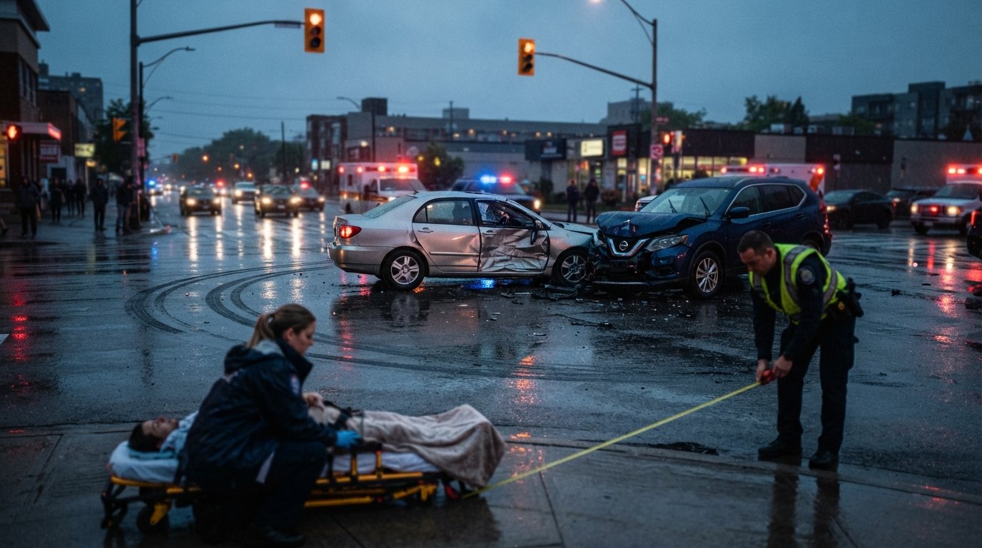 Silver sedan with crumpled passenger door and broken glass beside a damaged blue SUV at a wet city intersection, with a…