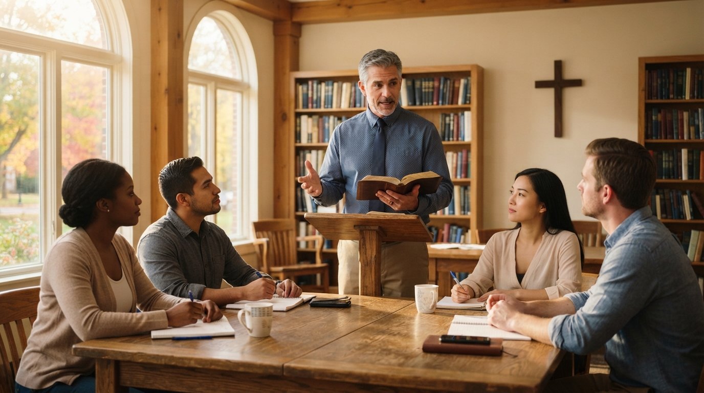 Professor with an open Bible speaks at a lectern beside four adult students seated around an oak table in a sunlit classroom
