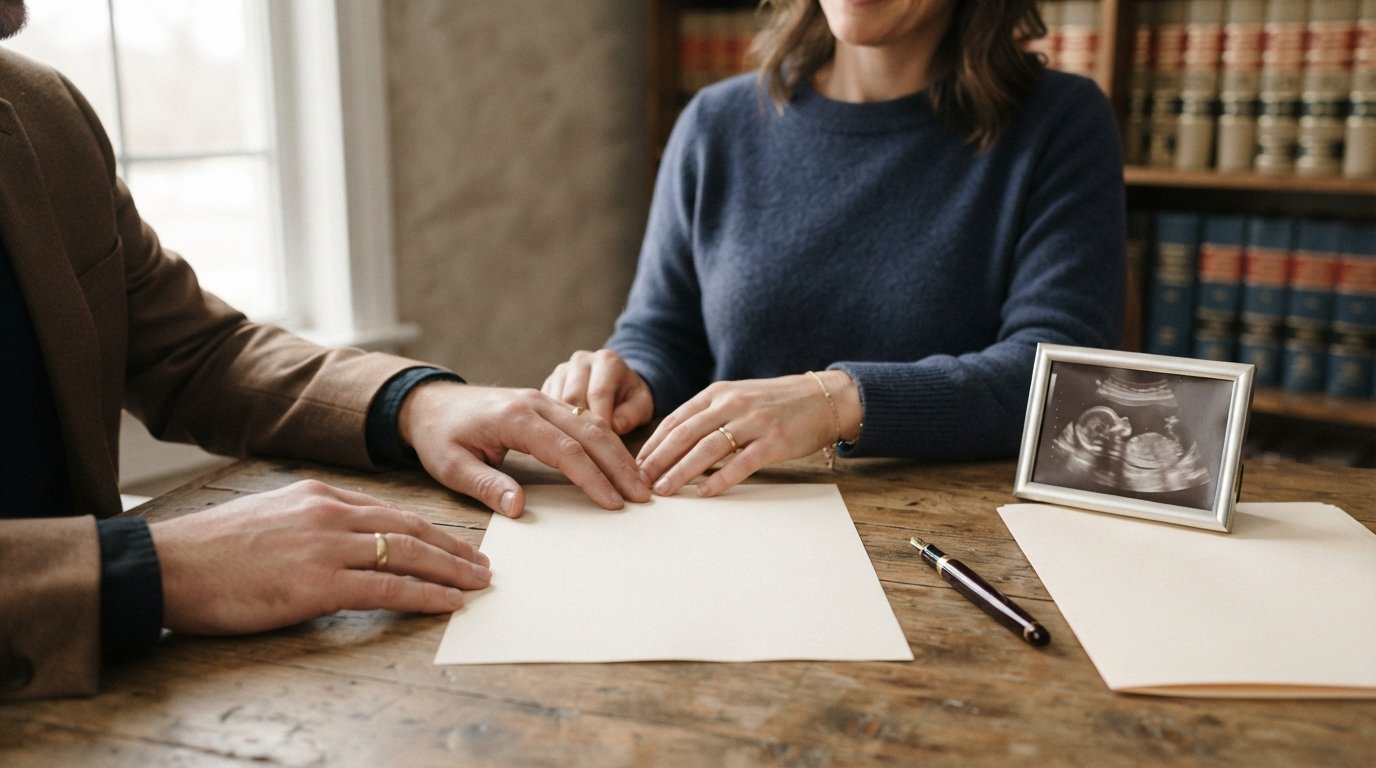 Two adults' hands reach toward a blank document and pen on a wooden desk beside a framed ultrasound photo, with a manila…