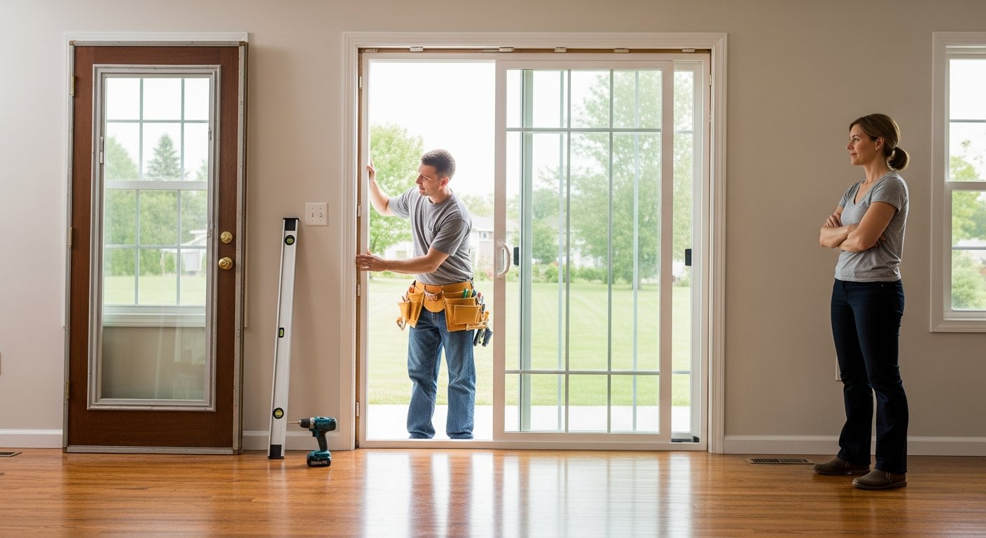 Professional installer in a gray shirt and tool belt fits a white sliding glass patio door into a bright modern living room…