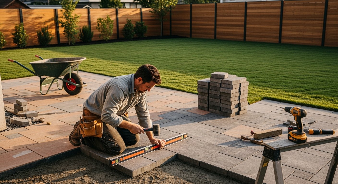 Contractor in work shirt and tool belt kneels on dark gray pavers, aligning them with a rubber mallet and level during a…