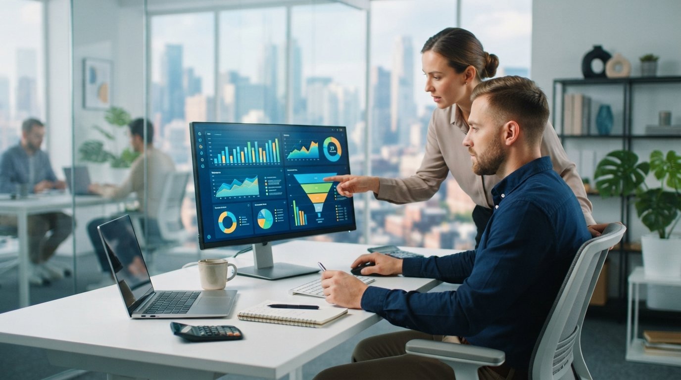 Two marketers at a white desk reviewing colorful conversion funnel charts and performance dashboards on a large desktop…