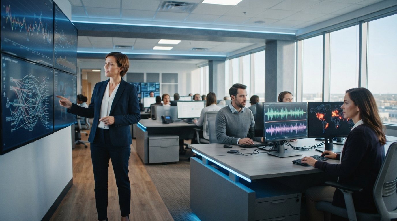 Marketing manager in navy blazer studies wall dashboard of call duration graphs beside analysts monitoring call quality…