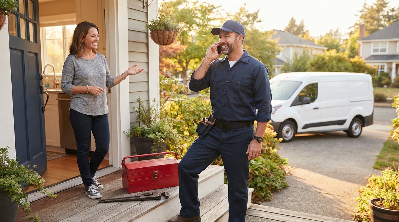 Plumber in navy uniform talking on a smartphone on a porch steps beside a red toolbox while a homeowner gestures toward the…