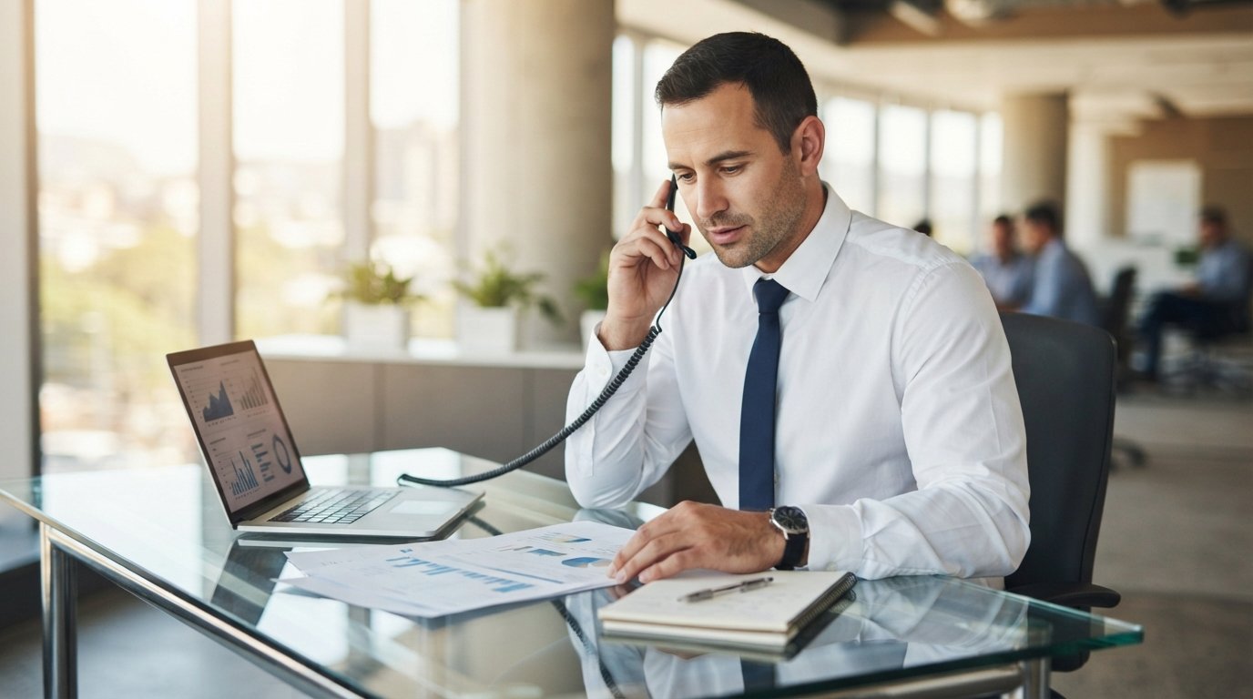 Loan officer in white shirt and navy tie holding a headset to his ear at a glass desk with rate sheets and a laptop showing…