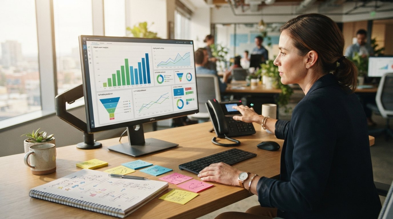 Marketer at a desk reviewing rising search traffic graphs and call tracking dashboards on a monitor, reaching toward a…
