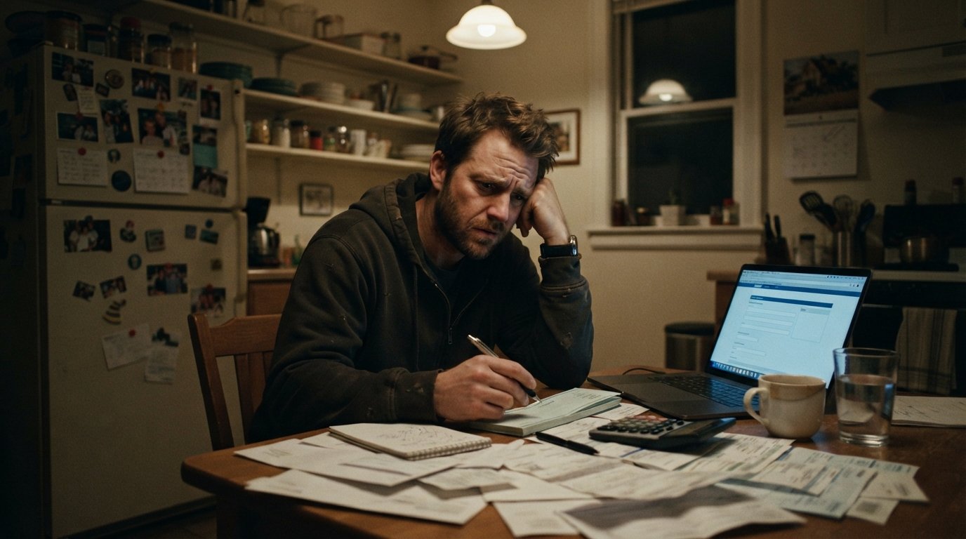 Worried man in his 30s rests his head on one hand at a kitchen table covered with paper bills, a calculator, checkbook, and…