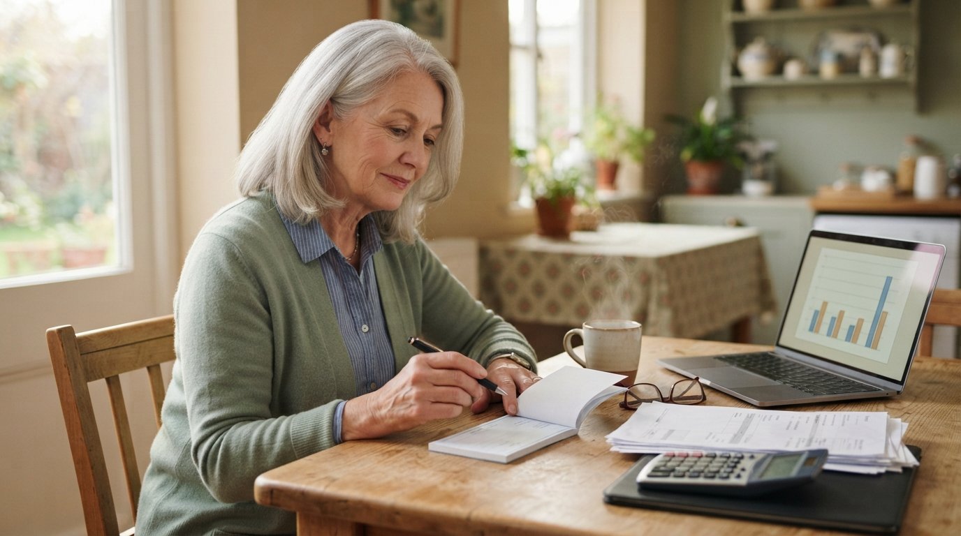 Silver-haired woman at a kitchen table holding a pen over a checkbook, with bills, calculator, and a laptop showing a…