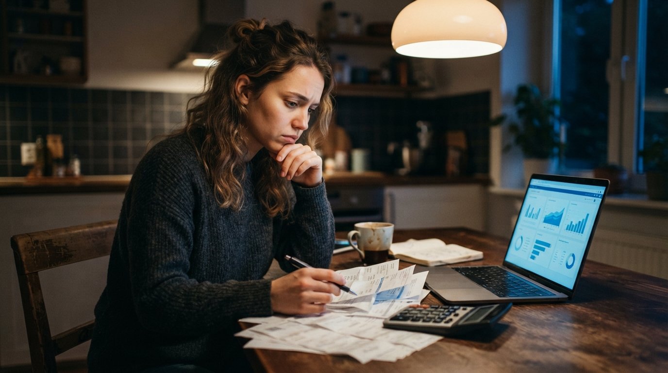 Young adult at a kitchen table at night reviewing paper bills with a calculator, laptop, coffee mug, and pen nearby