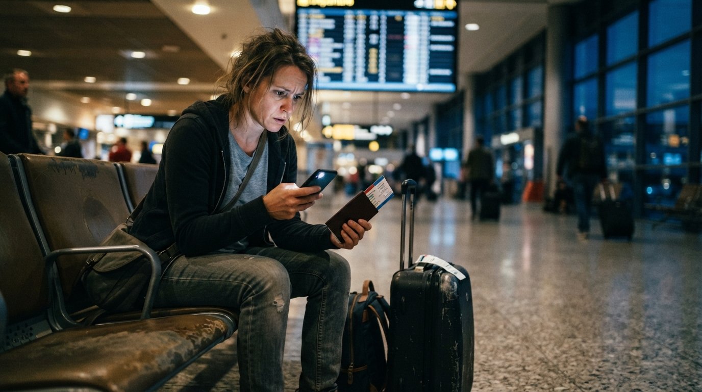 Worried traveler on an airport bench at night holding a smartphone, passport, and boarding passes beside a rolling suitcase