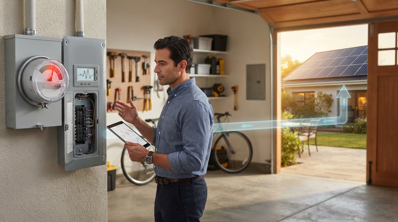 Homeowner with tablet reviews a utility meter with a spiking red demand needle, solar panels visible through an open garage…
