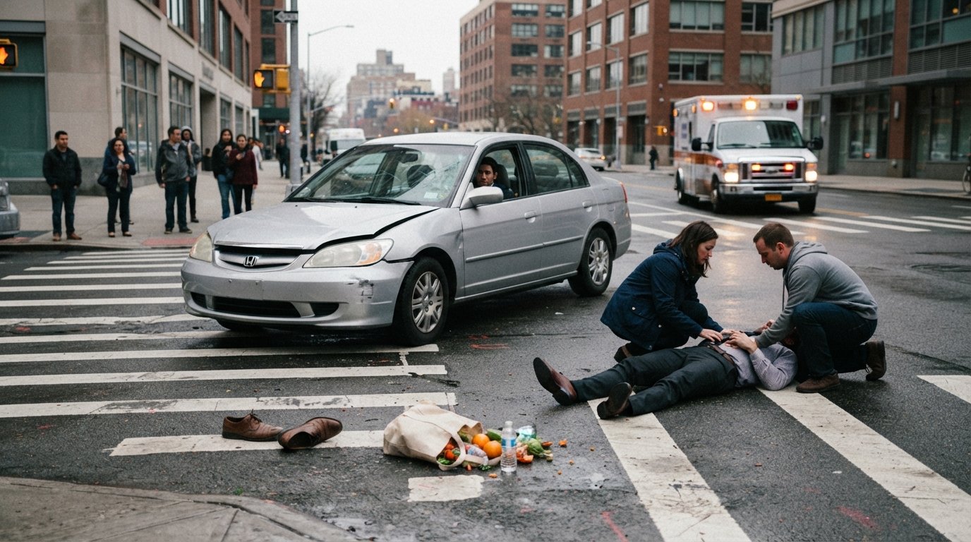 Damaged silver sedan with cracked windshield stopped at a crosswalk, scattered shoes and groceries on asphalt, and…