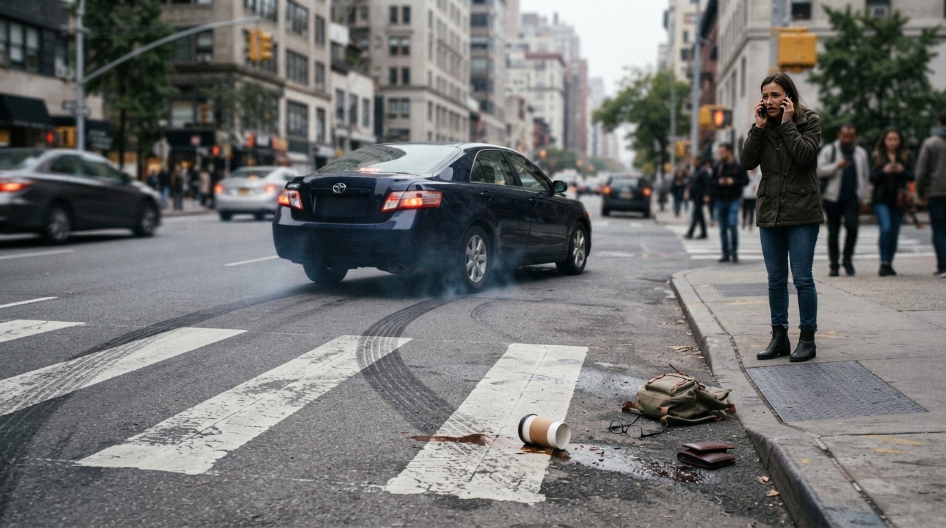 Shaken pedestrian on sidewalk holding phone beside marked crosswalk with dropped coffee cup and braking sedan