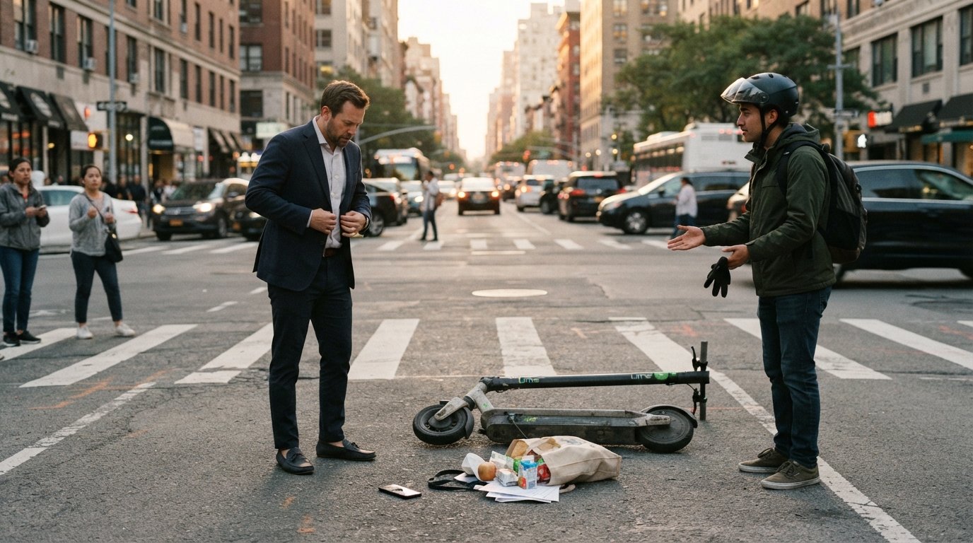 Shaken pedestrian beside a fallen electric scooter at a crosswalk, helmeted rider gesturing nearby, cracked phone and…