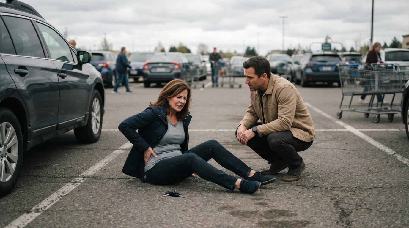 Injured pedestrian sitting on grocery store parking lot asphalt holding hip while a driver kneels beside them