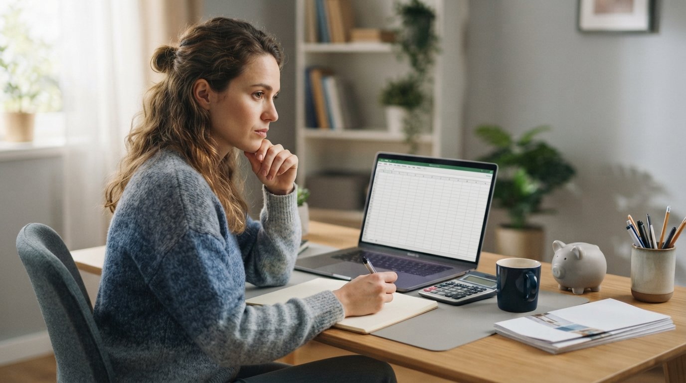 Woman in her late twenties sits at a home desk with a laptop showing a blank spreadsheet, a calculator, a notebook, a…