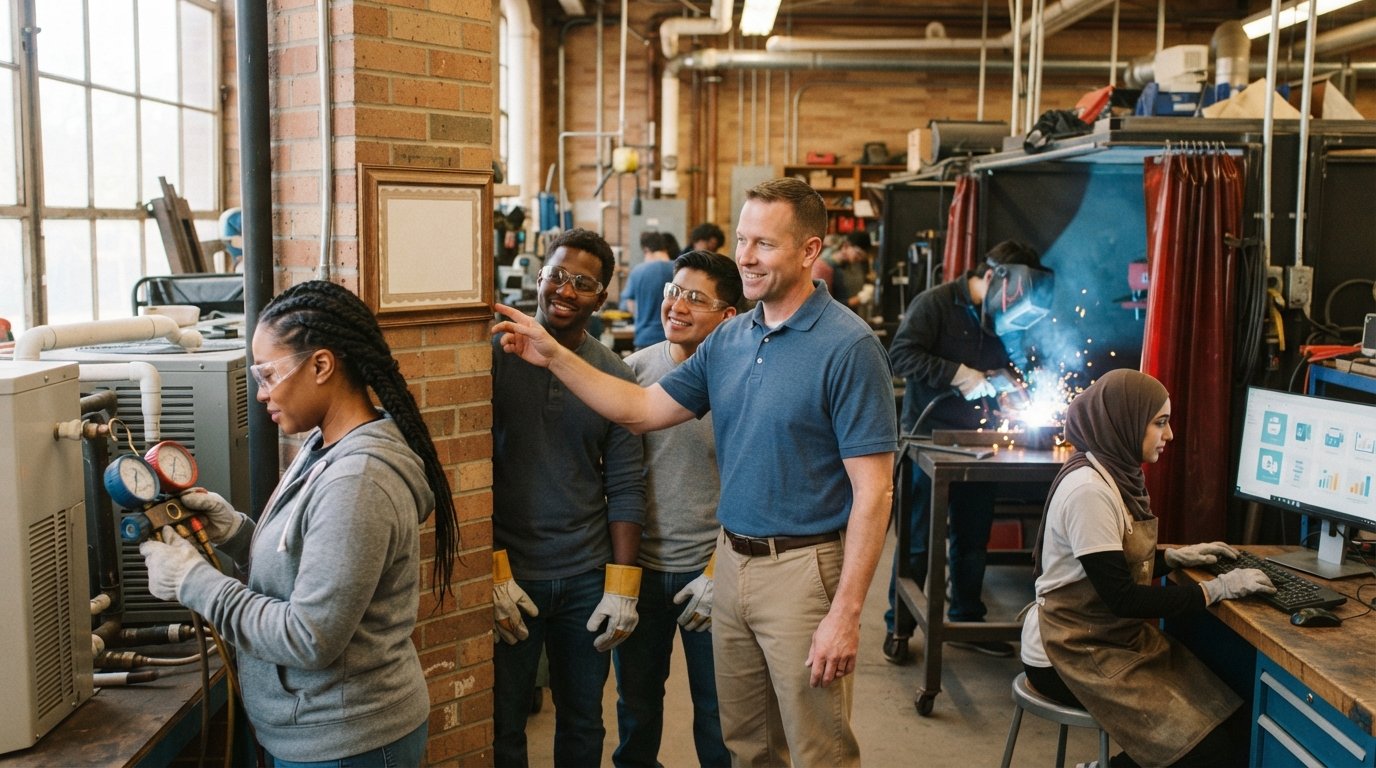 Adult students in safety glasses and work gloves train in a vocational workshop, one welding, one holding an HVAC gauge…