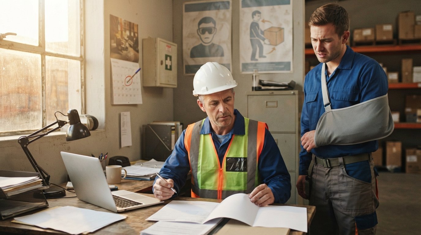 Business owner in hard hat and safety vest reviews a blank form at a desk while an injured worker in a sling stands nearby