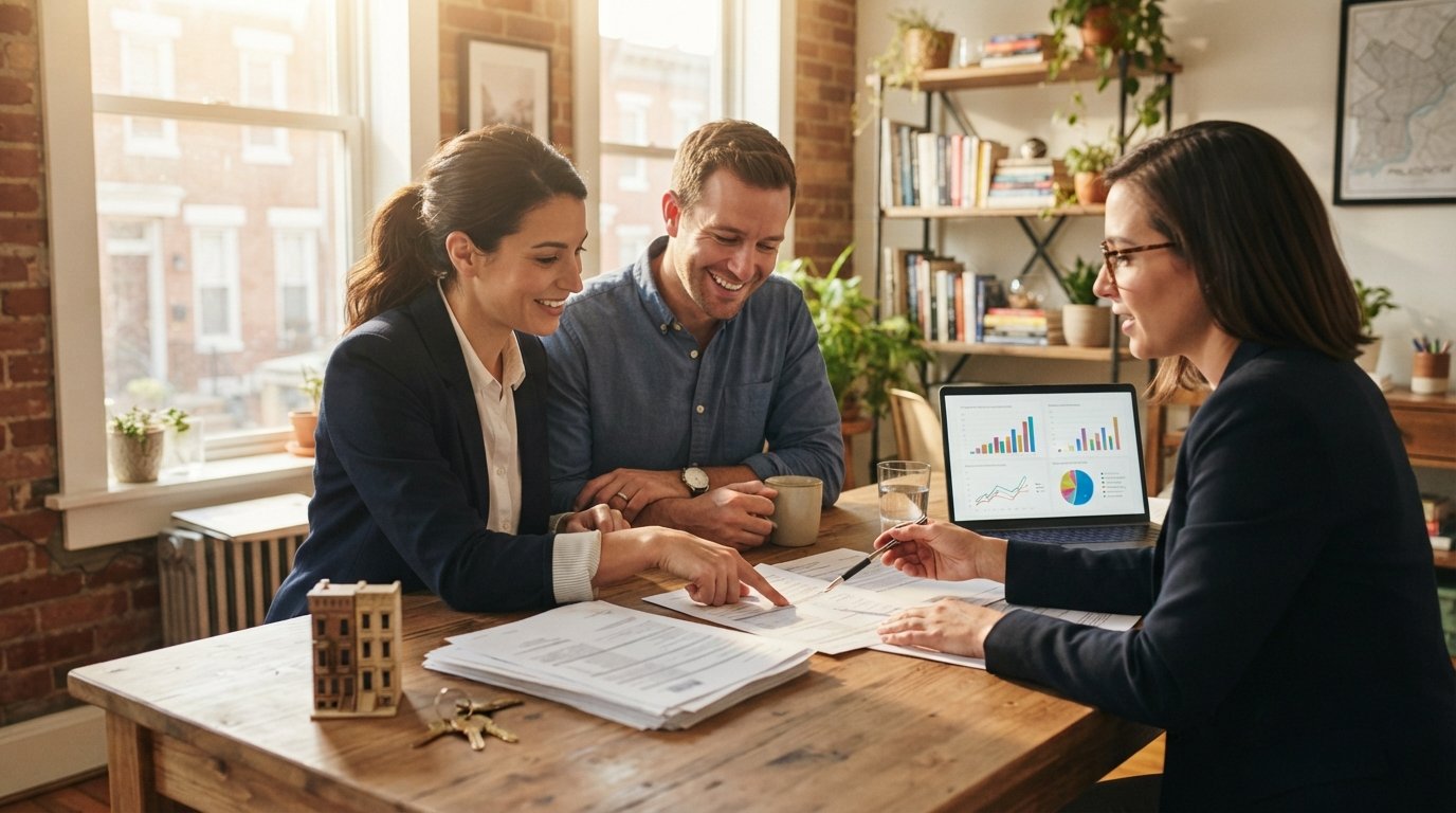 Couple reviews mortgage paperwork with an agent at a kitchen table beside a laptop, house keys, and a model rowhouse