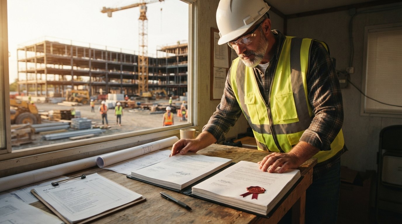 Contractor in hard hat and safety vest at a jobsite desk comparing two bound documents, with a municipal building under…