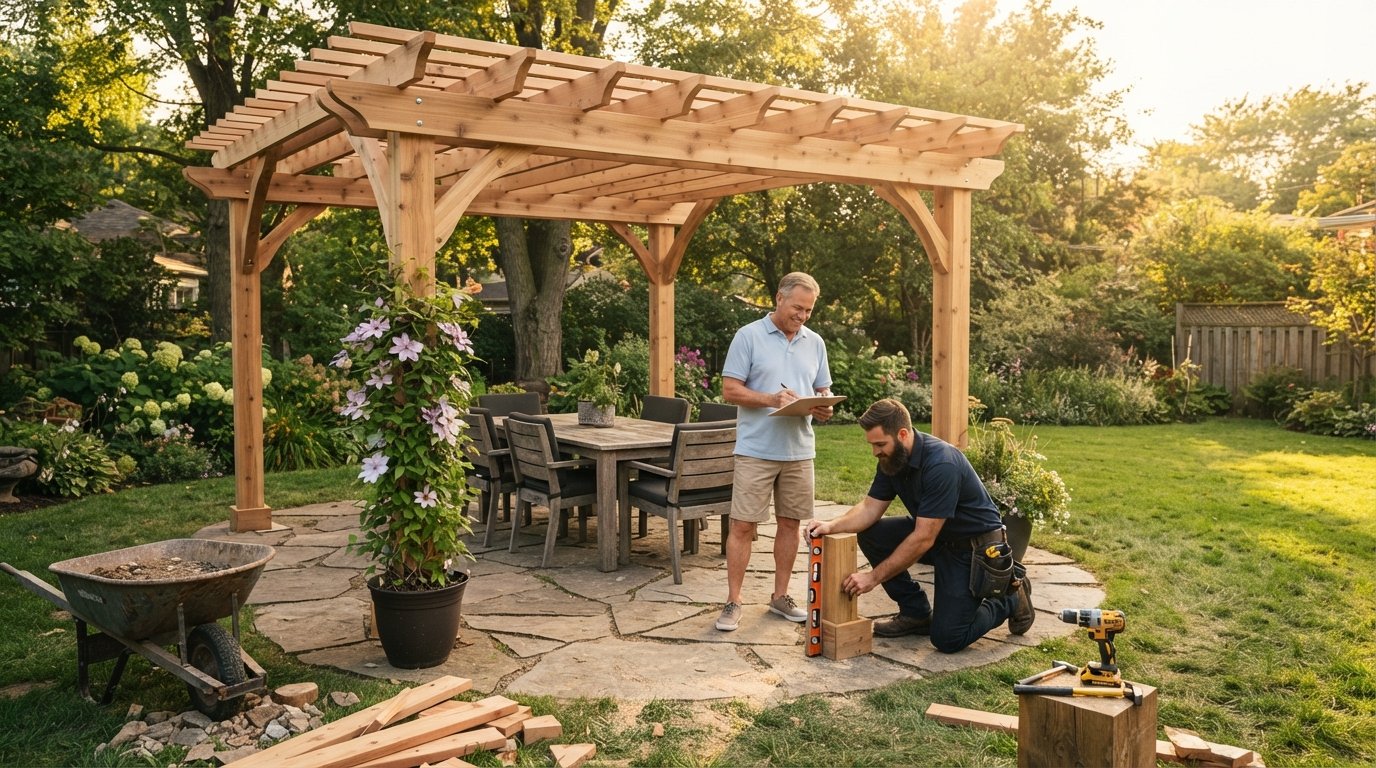 Cedar pergola with slatted roof beams over a flagstone patio, dining table and chairs, climbing vines on one post,…